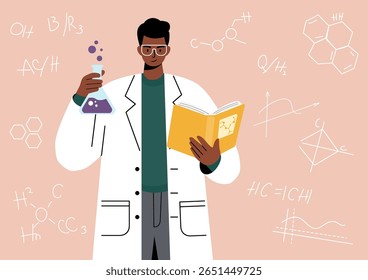 Jovem químico cientista com tubo de ensaio e livro