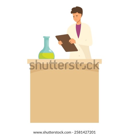 Young chemist is standing in a laboratory and taking notes of a chemical experiment