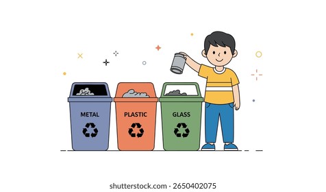 Young child actively engaged in proper waste sorting and recycling practices with color coded bins teaching environmental responsibility