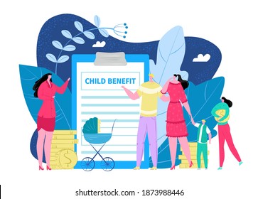 Young child benefit, money for little kid people concept vector illustration. Person holding cash, economy investment for study, future. Man woman family character near huge document.