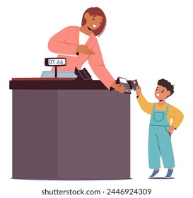 Young Child Boy Character Confidently Uses A Debit Card At A Shop, Showcasing Early Financial Literacy And Independence, Under The Watchful Eye Of A Saleswoman. Cartoon People Vector Illustration