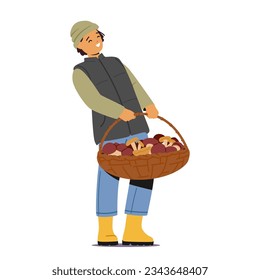 Young Child Boy Character Proudly Presents Large Mushroom-filled Basket, Eyes Gleaming With Excitement. A Bountiful Harvest For A Budding Forager. Cartoon People Vector Illustration