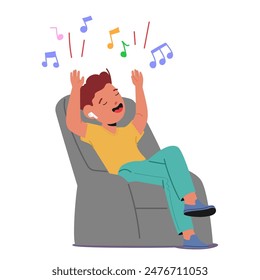 Young Child Boy Character Sitting Comfortably In A Chair, Enjoying Music With Headphones, Expressing Joy, With Music Notes Around Indicating Fun And Relaxing Moment. Cartoon People Vector Illustration