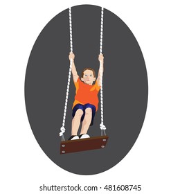 Young child or Boy standing on Rope or tree Swing vector illustration on a grey circle background