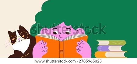 Young child and cat reading book colorful flat vector illustration and background. Trendy doodles series for book fair, bookshop and back to school designs. Library and book club graphic element