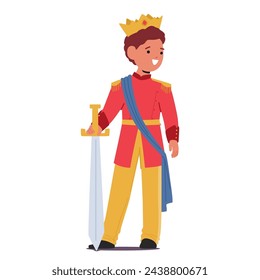 Young Child Character Dressed As A Prince, Adorned In Regal Costume, Golden Crown And Sword, Embodies Nobility With His Charming, Innocent Smile And Sparkling Eyes. Cartoon People Vector Illustration