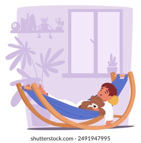 Young Child Character Sleeping Peacefully In A Hammock, Cuddling A Teddy Bear, Set In A Cozy Indoor Environment. Cartoon Vector Illustration Perfect For Concepts Of Relaxation, Childhood, And Comfort