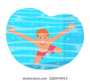 Young Child Character Splashing Around In A Sparkling Swimming Pool, Enjoying Refreshing Water On Sunny Day. Joys Of Summertime, Family Activities, And Outdoor Fun. Cartoon People Vector Illustration