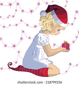 Young child in christmas hat with present. Eps 10.
