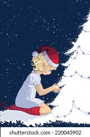 Young child in christmas hat with snow in her hands. Christmas tree background. Eps 10.