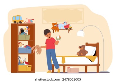 Young Child Cleaning A Messy Room And Organizing Toys On A Shelf, Promoting Organization And Cleanliness. Cartoon Vector Image Illustrates A Kid Participating In Tidying Up Their Personal Space