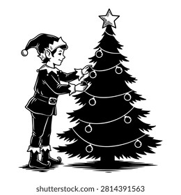 A young child decorating a Christmas tree with ornaments and a star on top, celebrating the holiday season with festive cheer and joy.