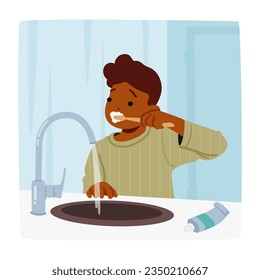 Young Child Diligently Brushes Teeth, Small Toothbrush In Hand, Applying Toothpaste, Scrubbing Away, Little Boy Practicing Good Oral Hygiene For A Bright Smile. Cartoon People Vector Illustration