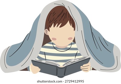 Uma criança pequena está envolvida na leitura de um livro enquanto está escondida sob um cobertor suave e azul.