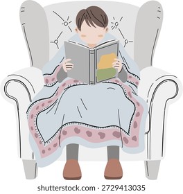 Uma criança pequena está envolvida na leitura de um livro, aninhada em uma poltrona de pelúcia e envolvida em um cobertor aconchegante para calor e conforto.