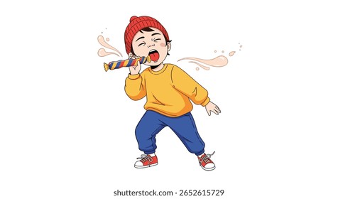 A Young Child Expresses Joy While Playing with a Festive Noise Maker During a Celebration