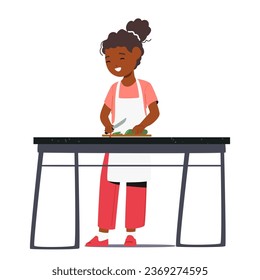 Young Child Joyfully Learning Culinary Skills, African Girl Character Carefully Cutting A Cucumber With Tiny Hands, Their Eyes Filled With Wonder And Excitement. Cartoon People Vector Illustration