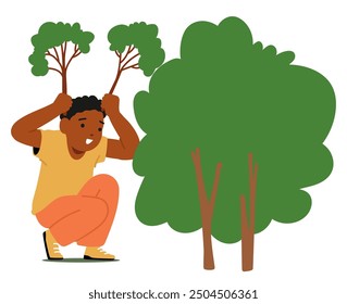 Young Child Is Joyfully Playing Hide And Seek, Pretending To Have Tree Branches As Antlers, And Hiding Behind A Bush. Cartoon Vector Scene Portrays Childhood Enjoyment, Creativity, And Outdoor Fun