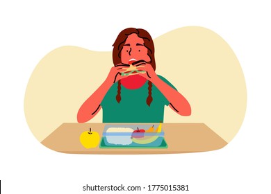  Young child kid girl tennager pupil cartoon character sitting and eating meal sandwitch from lunch boxes at breakfast. School supper time illustration