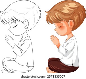 A young child kneeling in prayer and meditation