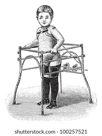 Young child learn to walk with walker / vintage illustration from Die Frau als hausarztin 1911