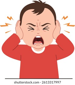A young child with a pained expression covers his ears, overwhelmed by noise, creating a vivid representation of distress and frustration in a minimalistic style.