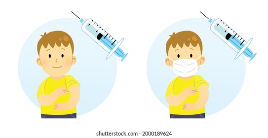 Young child patient getting vaccinated with syringe. Isolated character vector illustration.  International vaccination campaign for children. Boy with and without ffp2 white mask showing his arm.