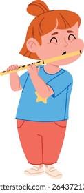A young child with a ponytail plays a flute, smiling joyfully in a cartoon style. The kid wears casual clothes and holds the instrument with enthusiasm. Cartoon vector illustration.