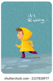 Young child in raincoats and rubber boots playing in the rain vector illustration character. Cute Cartoon boy,girl, in the rainy season.