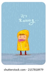 Young child in raincoats and rubber boots playing in the rain vector illustration character. Cute Cartoon boy,girl, in the rainy season.
