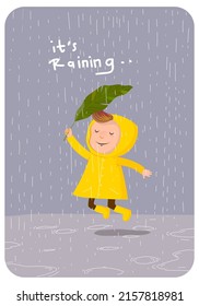 Young child in raincoats and rubber boots playing in the rain vector illustration character. Cute Cartoon boy,girl, in the rainy season.