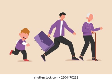 Young Child Running One Young Man Running Late For Work And One Older Gentleman Walking With A Cane. Diversity Concept. Flat Vector Illustration.