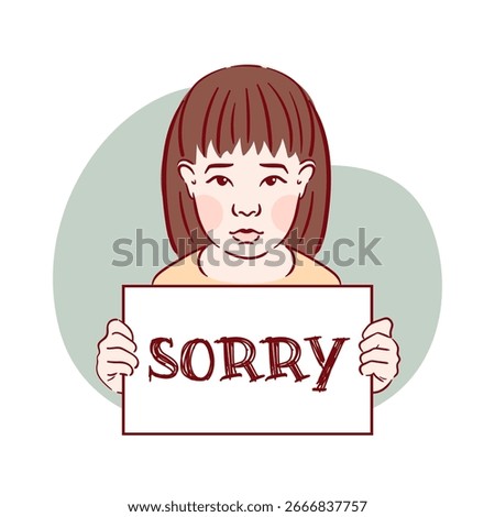 A young child sincerely apologizing with a bright and colorful sign that says Sorry