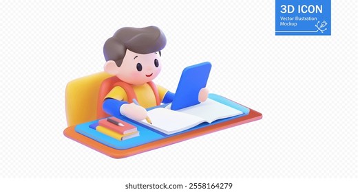 A young child sits at a colorful desk focused on studying, using a tablet and writing in a notebook with books beside them, creating a lively and engaging environment.