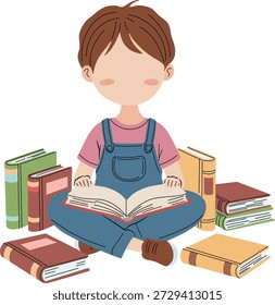 A young child sits cross-legged reading an open book with several other books around them.