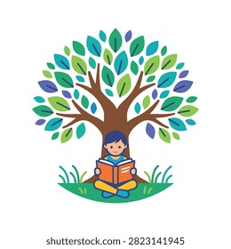 A young child sits cross-legged reading an open book under a stylized tree with green and blue leaves.