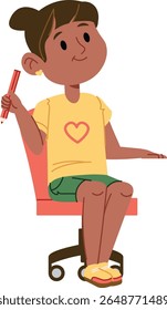 A young child sits on a swivel chair holding a red pencil in a playful cartoon style. The kid wears a heart-printed shirt and sandals while smiling cheerfully. Cartoon vector illustration.