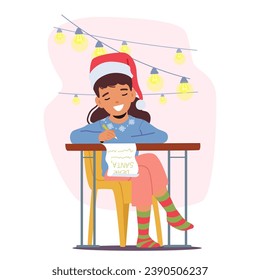 Junge Kinder sitzen am Tisch und schreiben einen herzlichen Brief an den Weihnachtsmann, Träume und wünscht, die Seite zu füllen. Happy Girl Character schreibt ihre Wünsche auf Papier. Vektorgrafik von Cartoon People