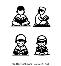 A young child sitting peacefully and focused on reading the Qur'an. The child is dressed modestly