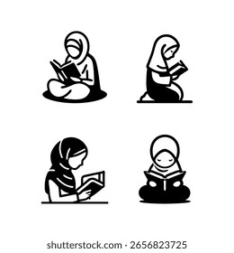 A young child sitting peacefully and focused on reading the Qur'an. The child is dressed modestly