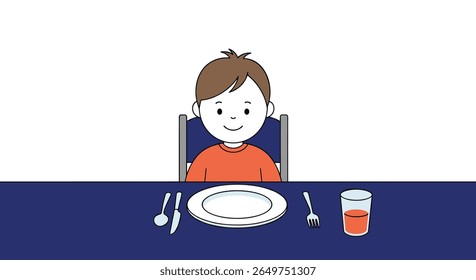 Young child sitting at table ready for meal with plate cutlery and drink