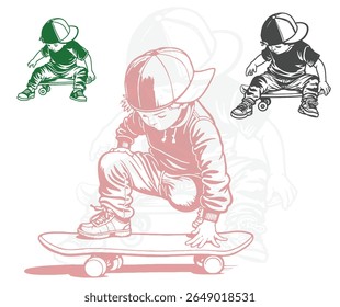 A young child is skateboarding in three different color variations on a white background.