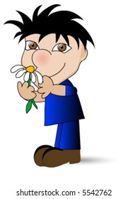 Young child smelling a flower.