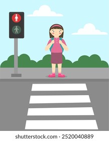  kleines Kind, das auf dem Bürgersteig neben einer Kreuzung steht und darauf wartet, dass die grüne Ampel die Straße überquert. Mädchen, das auf dem Bürgersteig steht und darauf wartet, die Straße zu überqueren 