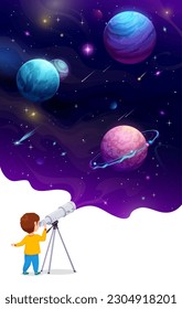 Niño pequeño con telescopio. El paisaje espacial de dibujos animados en el cielo. Escena vectorial con niño pequeño observa el cosmos, con planetas, estrellas y cometas llenan la vista explorar galaxia con asombro y asombro