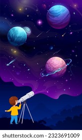 Young child with telescope. Cartoon space planets, galaxy nebula and comets flying in outerspace. Astronomy science or stars observation hobby vector concept with preschool boy using telescope