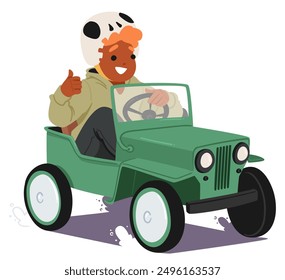 Young Child Wearing A Skull Helmet Joyfully Steers A Green Vintage Pedal Car, Showing Excitement And Happiness During The Ride. Little cheerful Boy Character Racing. Cartoon People Vector Illustration