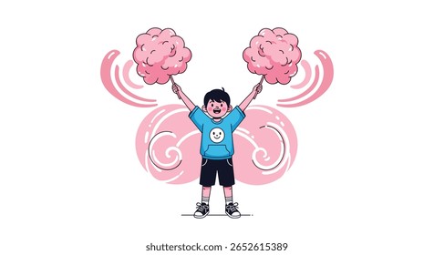 Criança pequena com um sorriso largo alegremente segurando duas nuvens grandes de algodão doce rosa fofo acima da cabeça em uma exibição divertida e energética de prazer açucarado e doce confeitaria divertida