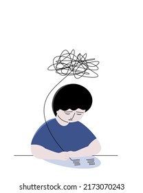 A young child writing out worries and anxiety. flat vector illustration.