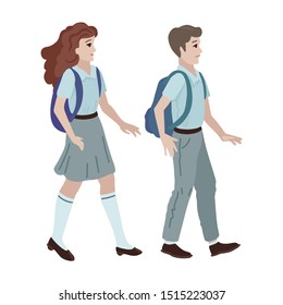 Young children boy and girl in uniform go to school. College students with school backpack walking on white background. Back to school. Flat style cartoon vector illustration.